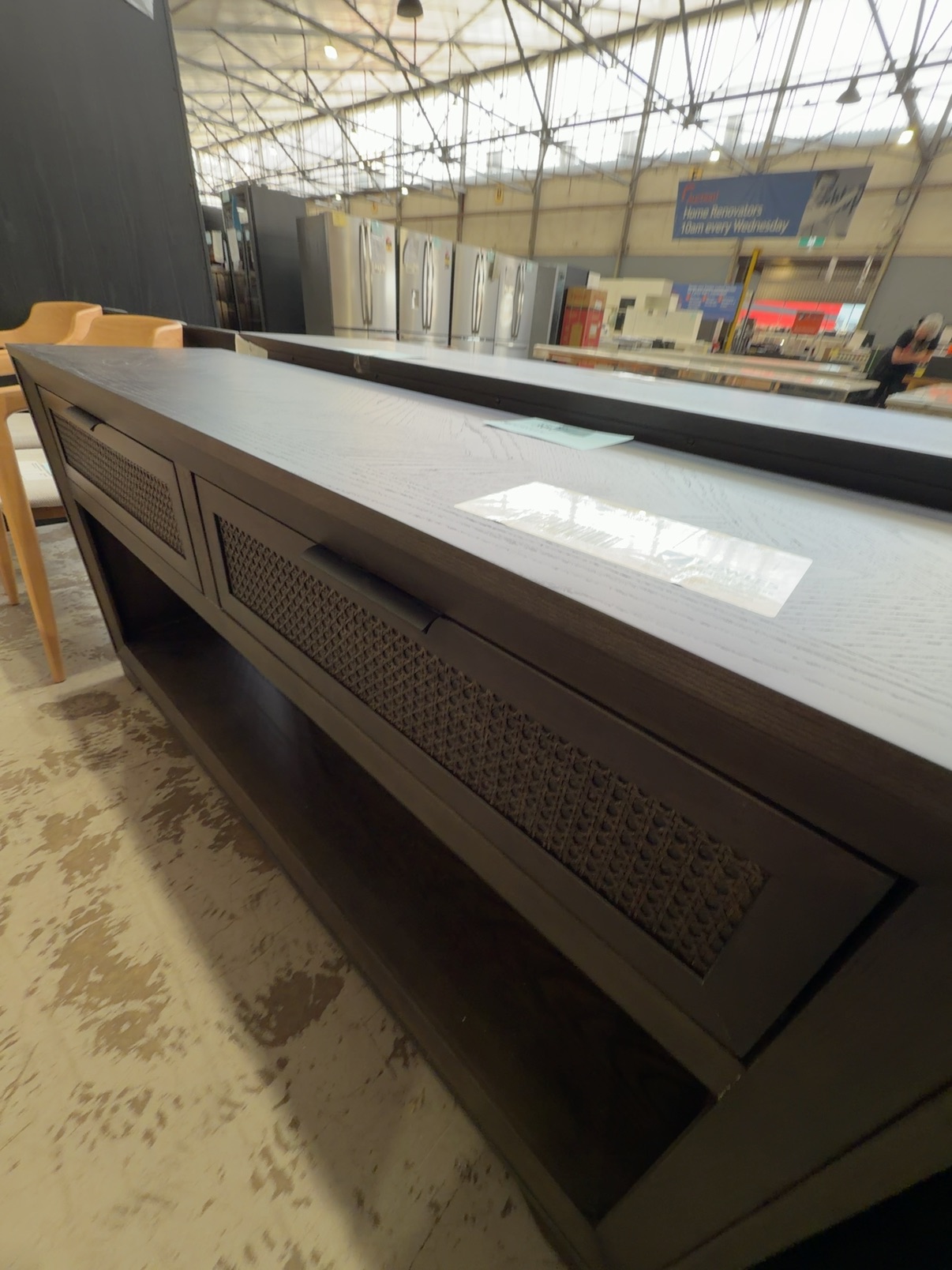 NEW ADLEY 1500MM CONSOLE TABLE, AMERICAN ASH STAINED JAPAN BLACK, HERRINGBONE TOP, RATTAN DRAWERS, SOLD AS IS NEW ADLEY 1500MM CONSOLE TABLE, AMERICAN ASH STAINED JAPAN BLACK, HERRINGBONE TOP, RATTAN DRAWERS, SOLD AS IS