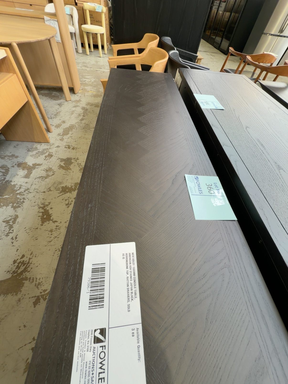 NEW ADLEY 1500MM CONSOLE TABLE, AMERICAN ASH STAINED JAPAN BLACK, HERRINGBONE TOP, RATTAN DRAWERS, SOLD AS IS NEW ADLEY 1500MM CONSOLE TABLE, AMERICAN ASH STAINED JAPAN BLACK, HERRINGBONE TOP, RATTAN DRAWERS, SOLD AS IS
