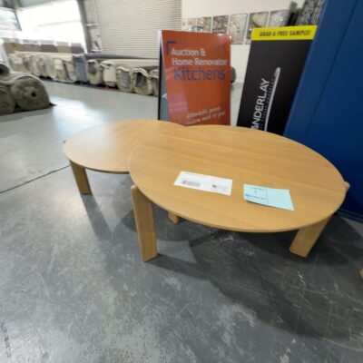 NEW ARIES NATURAL OAK SET OF COFFEE NESTING TABLES, (SET OF 2) SOLD AS IS NEW ARIES NATURAL OAK SET OF COFFEE NESTING TABLES, (SET OF 2) SOLD AS IS