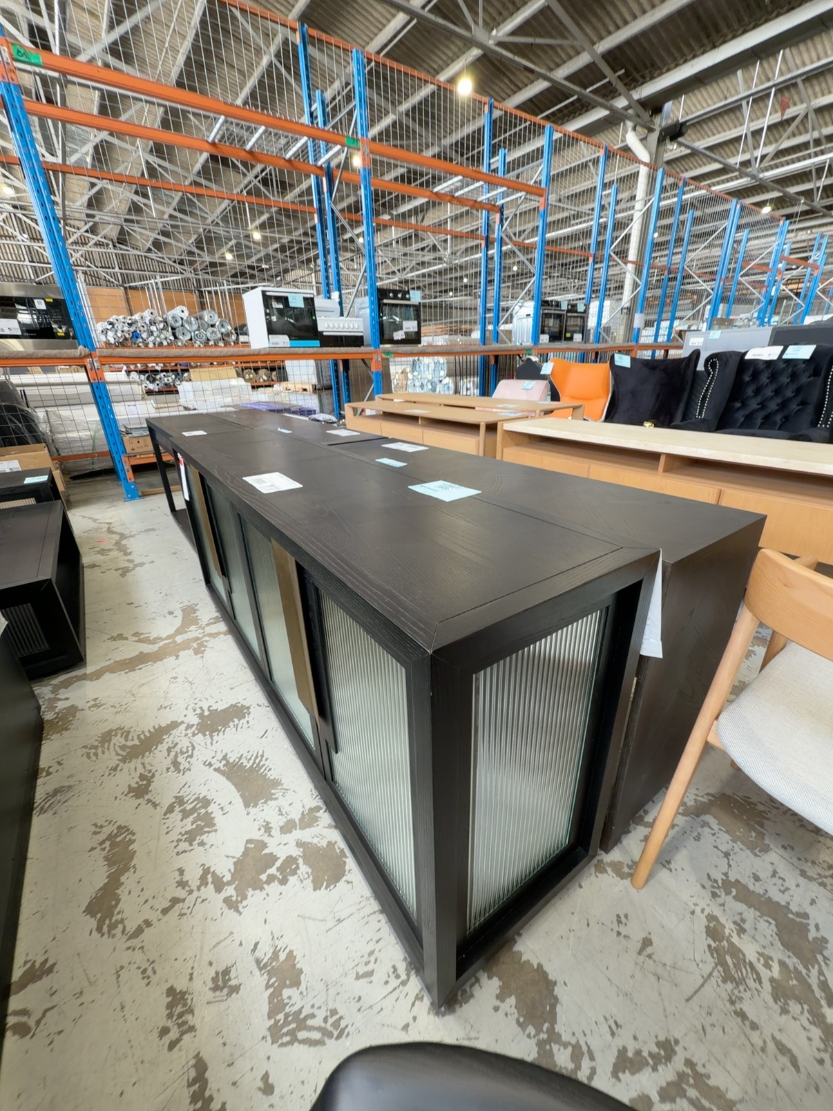 NEW ENZO 2000MM BUFFET, BLACK AMERICAN ASH, FLUTED GLASS DOORS, SOLD AS IS NEW ENZO 2000MM BUFFET, BLACK AMERICAN ASH, FLUTED GLASS DOORS, SOLD AS IS