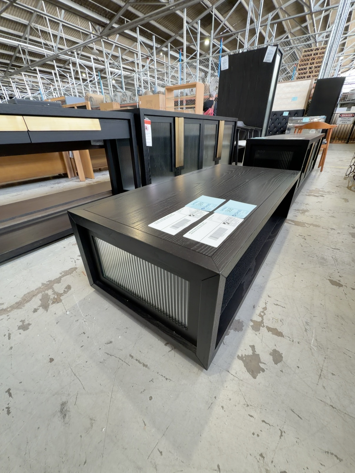 NEW ENZO 1300MM COFFEE TABLE, BLACK AMERICAN ASH TIMBER WITH FLUTED GLASS NEW ENZO 1300MM COFFEE TABLE, BLACK AMERICAN ASH TIMBER WITH FLUTED GLASS