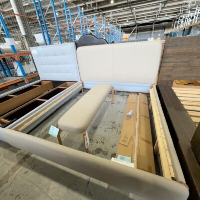 NEW KINGSTONE KING SIZE BEDFRAME, MESSMATE TIMBER WITH TAUPE LEATHER BEDHEAD SOLD AS IS NEW KINGSTONE KING SIZE BEDFRAME, MESSMATE TIMBER WITH TAUPE LEATHER BEDHEAD SOLD AS IS