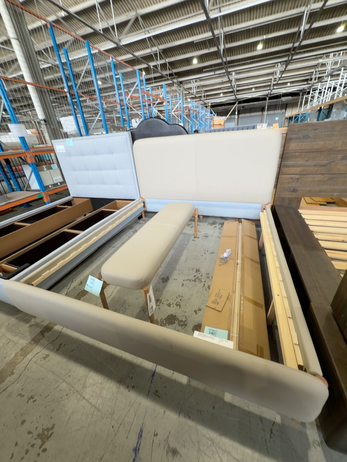 NEW KINGSTONE KING SIZE BEDFRAME, MESSMATE TIMBER WITH TAUPE LEATHER BEDHEAD SOLD AS IS NEW KINGSTONE KING SIZE BEDFRAME, MESSMATE TIMBER WITH TAUPE LEATHER BEDHEAD SOLD AS IS