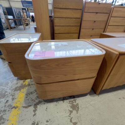 EX DISPLAY LEONARD CURVED AMERICAN OAK BEDSIDE WITH MARBLE TOP, SOLD AS IS EX DISPLAY LEONARD CURVED AMERICAN OAK BEDSIDE WITH MARBLE TOP, SOLD AS IS