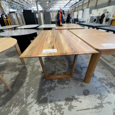 EX DISPLAY JINDALEE 2000MM DINING TABLE, MARRI TIMBER, SOME LIGHT MARKS, SOLD AS IS