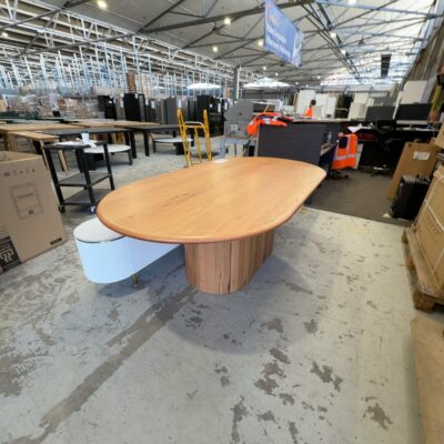EX DISPLAY CLAIRE 2200MM MESSMATE OVAL DINING TABLE ON CENTRAL PEDESTAL, SOLD AS IS EX DISPLAY CLAIRE 2200MM MESSMATE OVAL DINING TABLE ON CENTRAL PEDESTAL, SOLD AS IS