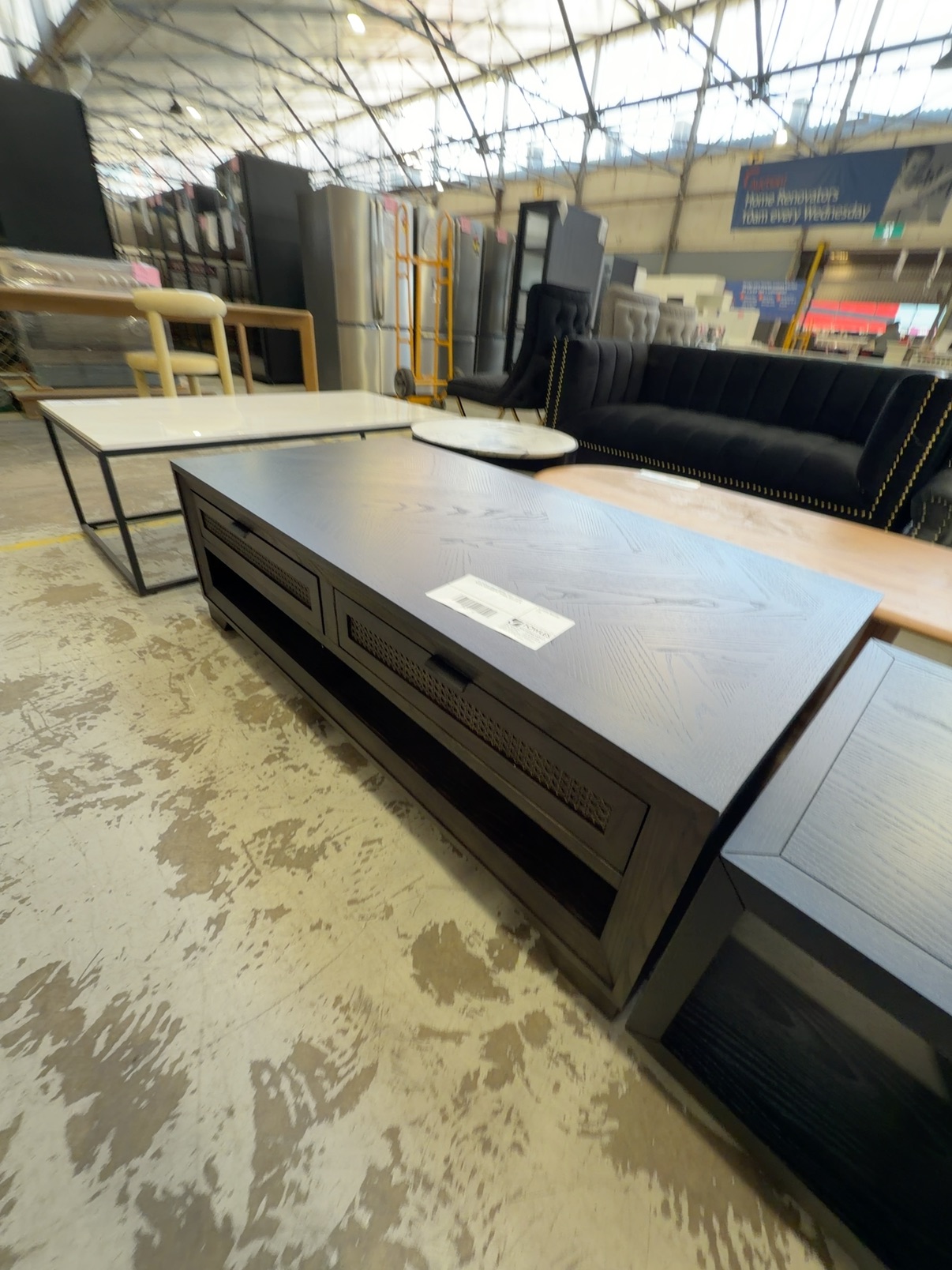 EX DISPLAY ADLEY COFFEE TABLE, JAPAN BLACK, HERRINGBONE DESIGN, SOLD AS IS EX DISPLAY ADLEY COFFEE TABLE, JAPAN BLACK, HERRINGBONE DESIGN, SOLD AS IS