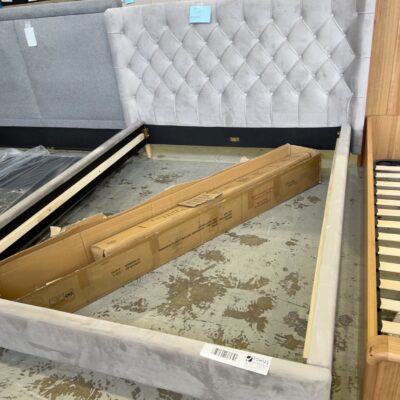 EX DISPLAY SIERA QUEEN LIGHT GREY VELVET BEDFRAME, SOLD AS IS