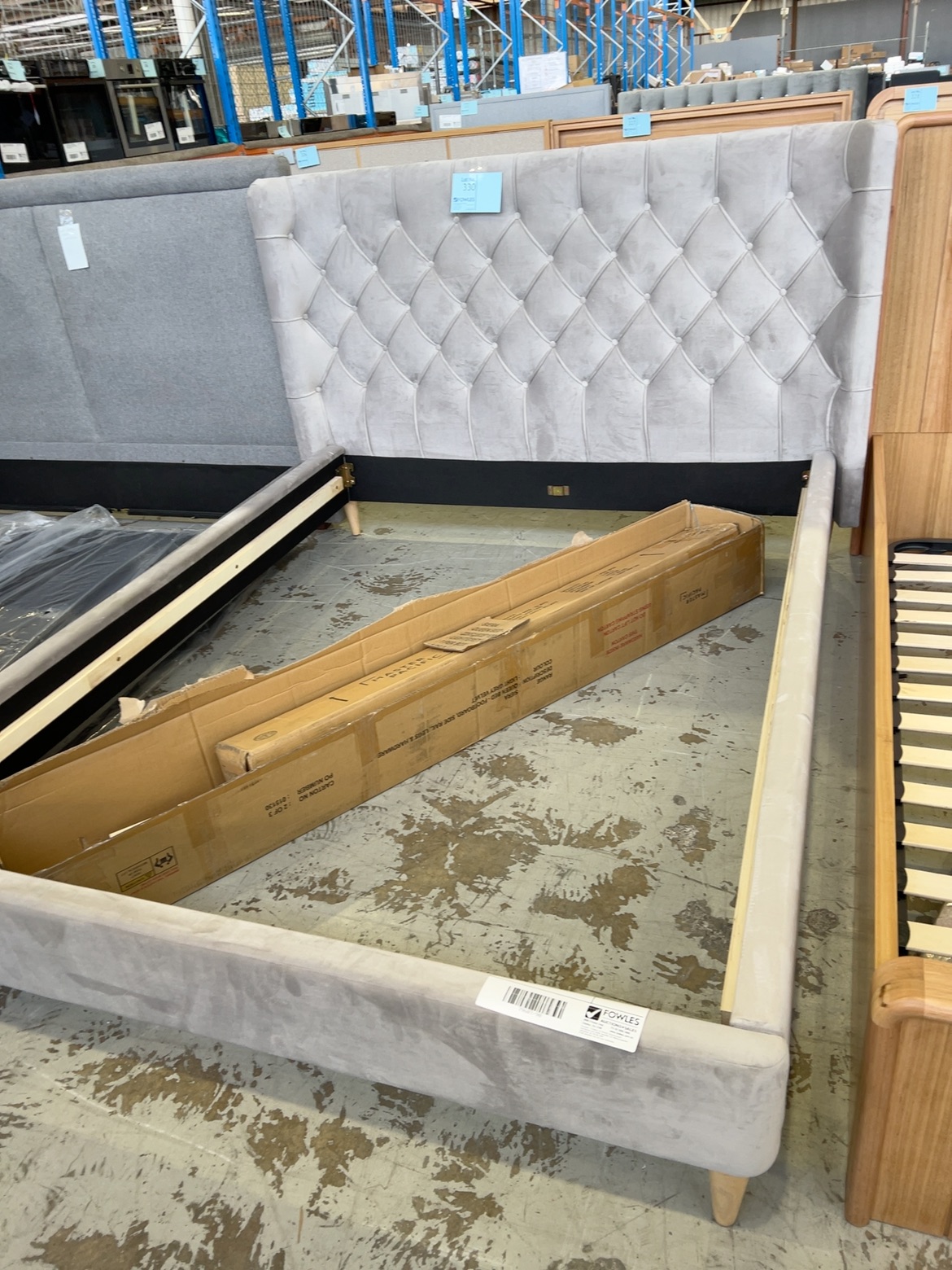EX DISPLAY SIERA QUEEN LIGHT GREY VELVET BEDFRAME, SOLD AS IS EX DISPLAY SIERA QUEEN LIGHT GREY VELVET BEDFRAME, SOLD AS IS