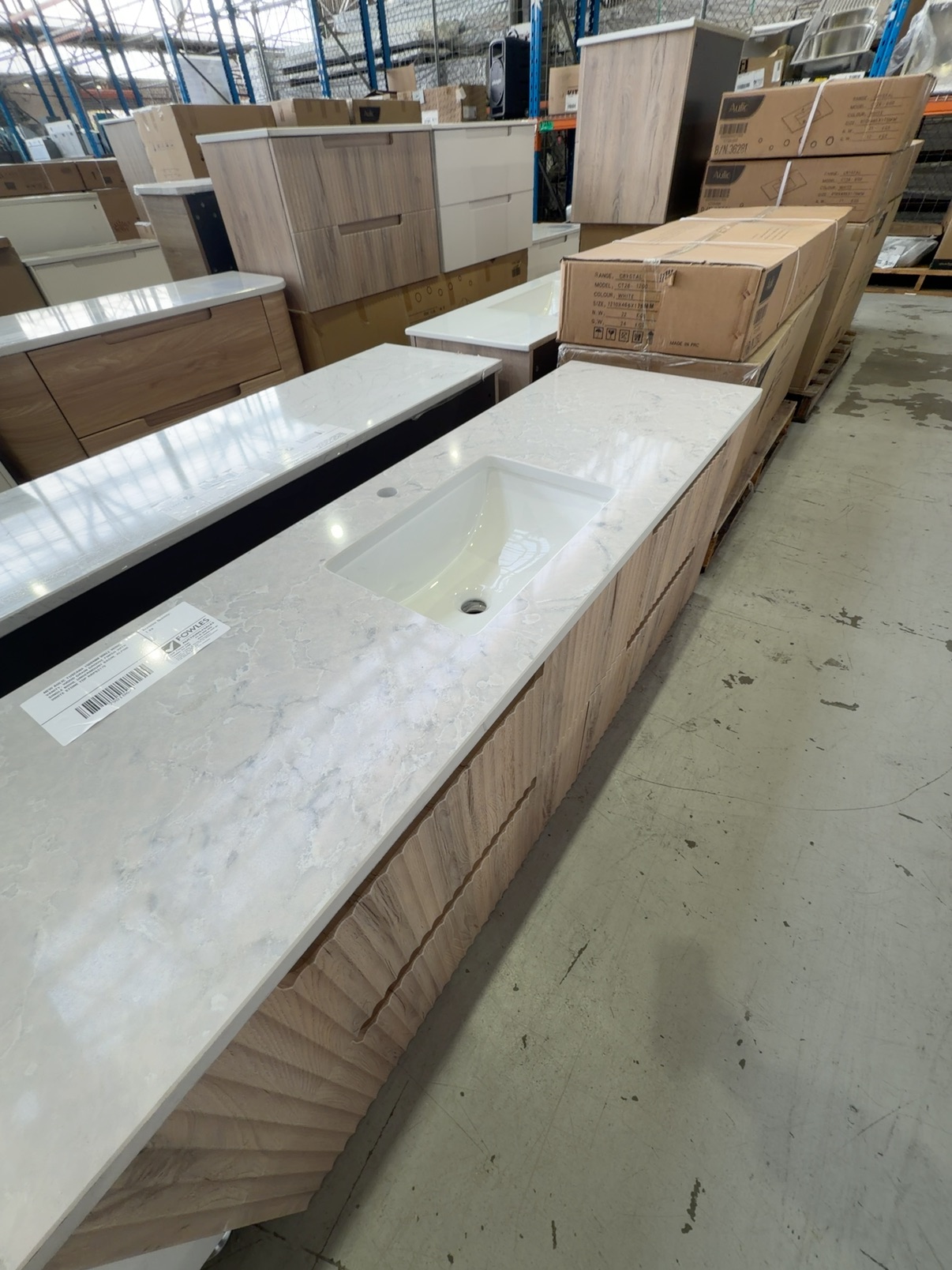 NEW AULIC TUSCANA 1500MM WALL HUNG VANITY, WOOD GRAIN GROOVE FINISH WITH SINGLE BOWL UNDERMOUNT BASIN, ALPINE WHITE STONE TOP RRP$3179 NEW AULIC TUSCANA 1500MM WALL HUNG VANITY, WOOD GRAIN GROOVE FINISH WITH SINGLE BOWL UNDERMOUNT BASIN, ALPINE WHITE STONE TOP RRP$3179