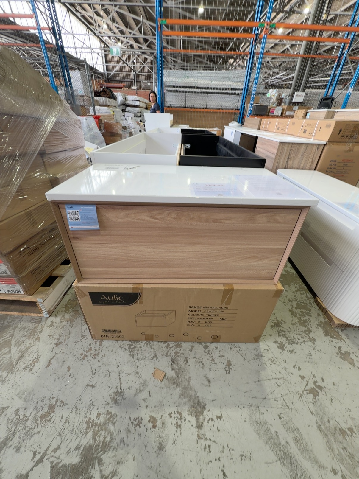 NEW AULIC MIA 900MM WALL HUNG VANITY WITH PUSH TO OPEN CABINET, WITH PURE FLAT SOLID STONE TOP RRP$1439, CAWH08-900-ST56FT NEW AULIC MIA 900MM WALL HUNG VANITY WITH PUSH TO OPEN CABINET, WITH PURE FLAT SOLID STONE TOP RRP$1439, CAWH08-900-ST56FT