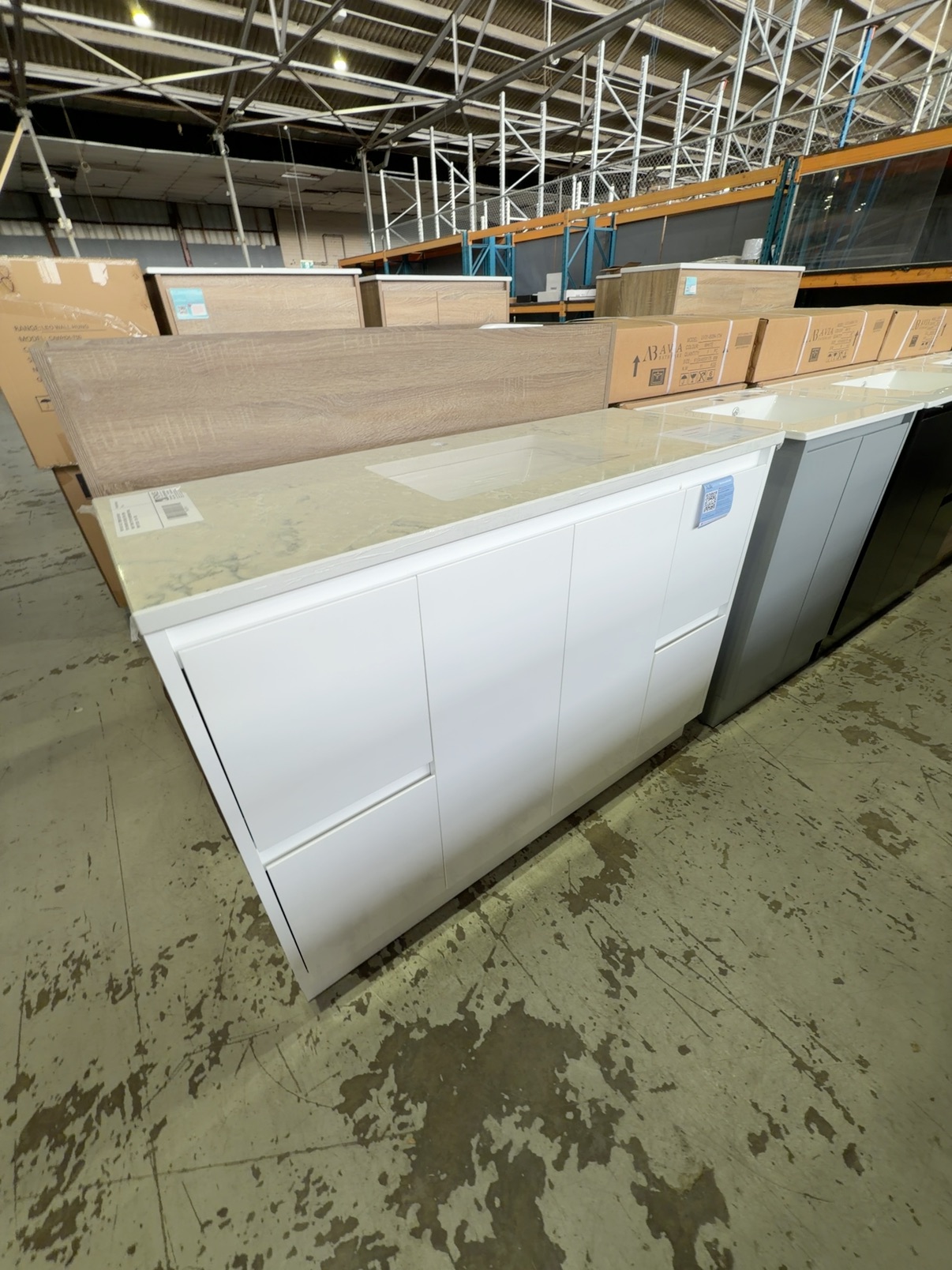 NEW AULIC ALICE 1200MM FLOOR VANITY WITH DRAWERS EACH END, WITH ALPINE WHITE STONE TOP WITH UNDERMOUNT BASIN, RRP$1752 CA03-1200-ST86 NEW AULIC ALICE 1200MM FLOOR VANITY WITH DRAWERS EACH END, WITH ALPINE WHITE STONE TOP WITH UNDERMOUNT BASIN, RRP$1752 CA03-1200-ST86