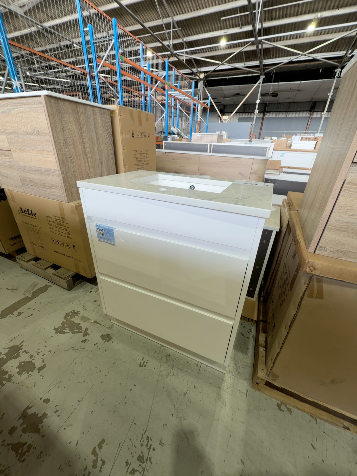 NEW AULIC LEONA 750MM FLOOR VANITY, WITH 2 DRAWERS, AND ALPINE WHITE STONE TOP WITH UNDERMOUNT BASIN RRP$1287 CA15-750-ST86 NEW AULIC LEONA 750MM FLOOR VANITY, WITH 2 DRAWERS, AND ALPINE WHITE STONE TOP WITH UNDERMOUNT BASIN RRP$1287 CA15-750-ST86