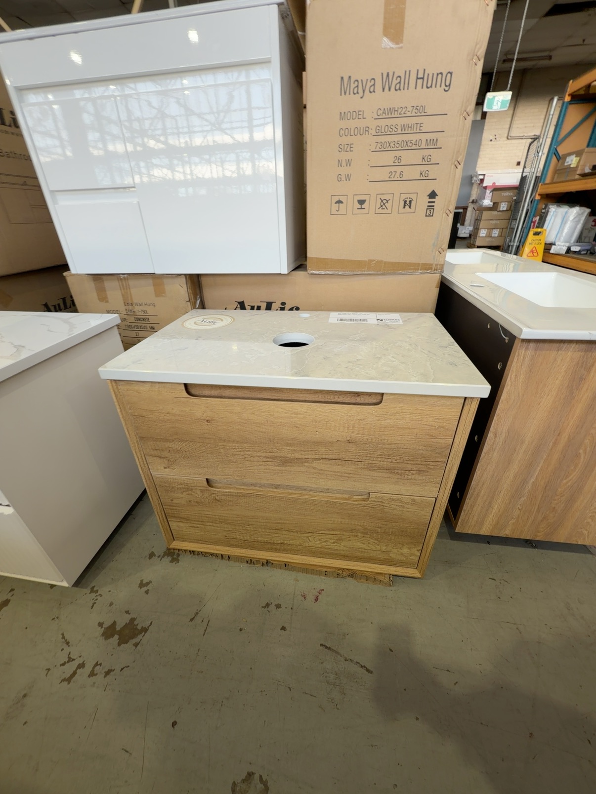 NEW 750MM AULIC MORENO TIMBER WALL HUNG VANITY WITH ALPINE FLAT STONE TOP RRP$1549 CAWH51-750-ST86FT NEW 750MM AULIC MORENO TIMBER WALL HUNG VANITY WITH ALPINE FLAT STONE TOP RRP$1549 CAWH51-750-ST86FT