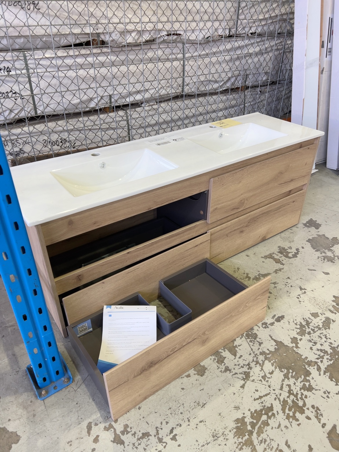 NEW AULIC MAX 1500MM DOUBLE BOWL WALL HUNG VANITY, CERAMIC DOUBLE BOWL RRP$2790 CAWH10-1500D-CT28 **DAMAGED CABINET, DRAWERS NEED FIXING, SOLD AS IS** NEW AULIC MAX 1500MM DOUBLE BOWL WALL HUNG VANITY, CERAMIC DOUBLE BOWL RRP$2790 CAWH10-1500D-CT28 **DAMAGED CABINET, DRAWERS NEED FIXING, SOLD AS IS**