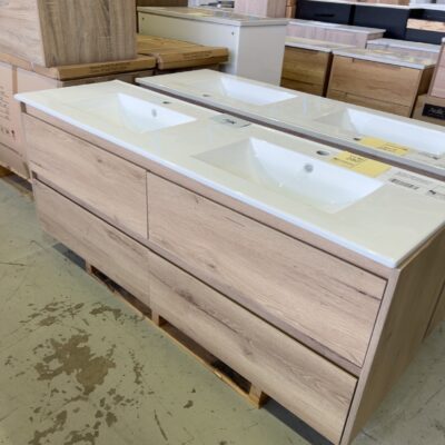 NEW AULIC MAX 1500MM DOUBLE BOWL WALL HUNG VANITY, CERAMIC DOUBLE BOWL RRP$2790 CAWH10-1500D-CT28 **SLIGHTLY DAMAGED CABINET, DRAWERS NEED FIXING, SOLD AS IS**