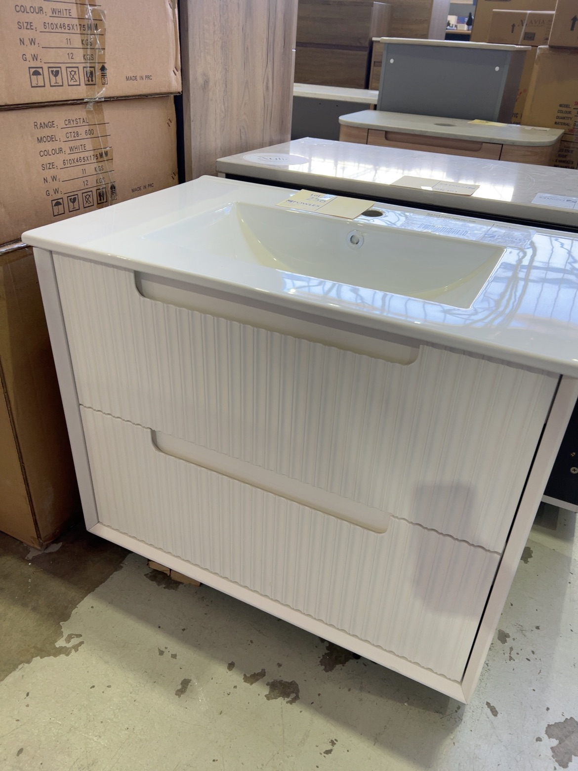 NEW AULIC FLAUTO 750MM WALL HUNG VANITY WITH FLUTED DRAWERS, WITH CRYSTAL CERAMIC TOP RRP$1175 CAWH50-750-CT28 NEW AULIC FLAUTO 750MM WALL HUNG VANITY WITH FLUTED DRAWERS, WITH CRYSTAL CERAMIC TOP RRP$1175 CAWH50-750-CT28