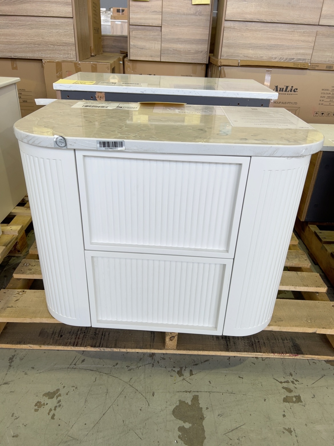 NEW AULIC RAMEE 750MM WALL HUNG CURVED VANITY, FLUTED MATTE WHITE WITH L RAIL DESIGN, WITH ALPINE FLAT SOLID SURFACE TOP RRP$2495 RM750WMWF-ST86FT NEW AULIC RAMEE 750MM WALL HUNG CURVED VANITY, FLUTED MATTE WHITE WITH L RAIL DESIGN, WITH ALPINE FLAT SOLID SURFACE TOP RRP$2495 RM750WMWF-ST86FT