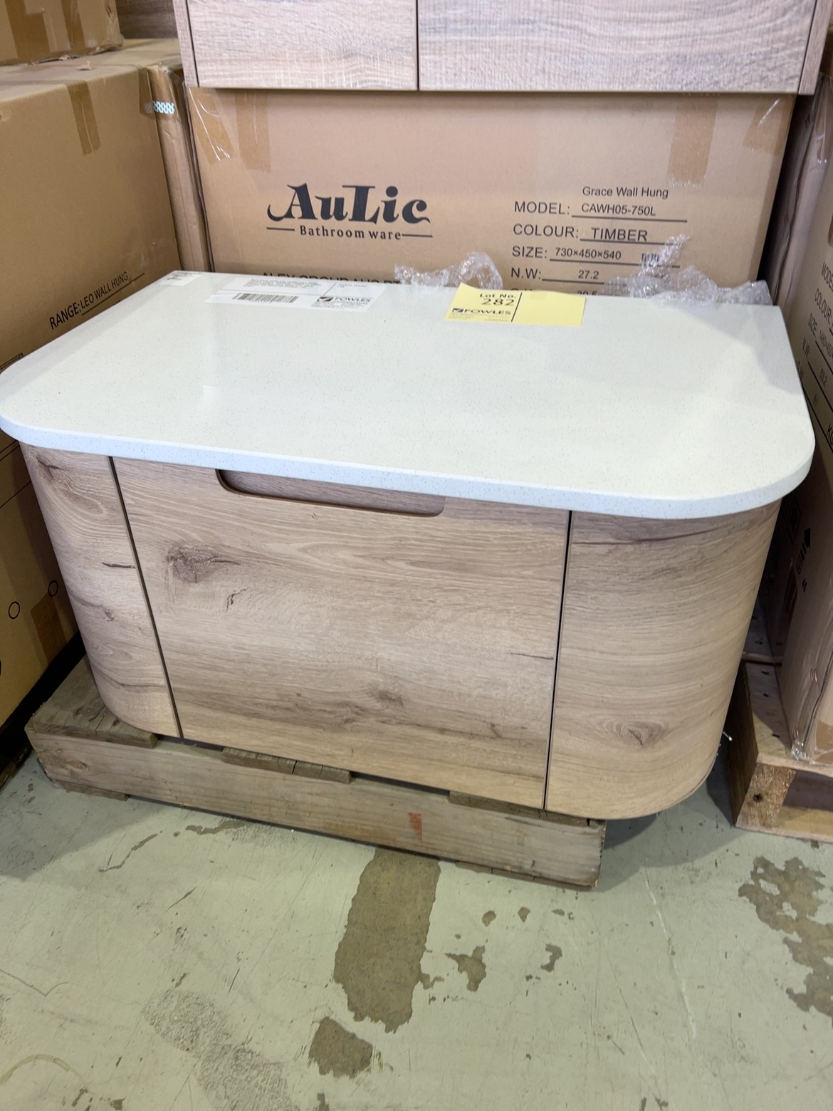 NEW AULIC HAMILTON 750MM WALL HUNG CURVED VANITY, PREMIUM TIMBER PLYWOOD, SINGLE DRAWER, WITH SNOW FLAT SOLID SURFACE TOP RRP$1765 CAWH39-750-ST46FT NEW AULIC HAMILTON 750MM WALL HUNG CURVED VANITY, PREMIUM TIMBER PLYWOOD, SINGLE DRAWER, WITH SNOW FLAT SOLID SURFACE TOP RRP$1765 CAWH39-750-ST46FT