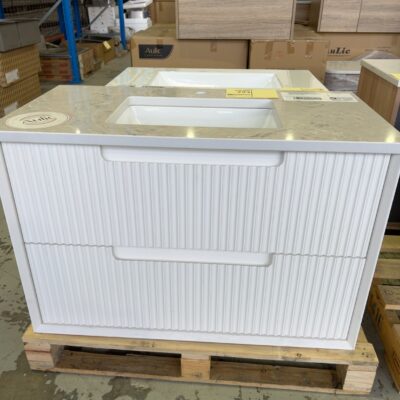 NEW AULIC FLAUTO 900MM WALL HUNG VANITY, MATTE WHITE FLUTED DRAWERS WITH ALPINE SOLID SURFACE TOP RRP$1845 CAWH50-900-ST86 NEW AULIC FLAUTO 900MM WALL HUNG VANITY, MATTE WHITE FLUTED DRAWERS WITH ALPINE SOLID SURFACE TOP RRP$1845 CAWH50-900-ST86
