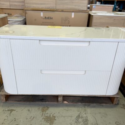 NEW AULIC CURVA 1200MM WALL HUNG VANITY, FLUTED DESIGN, TWO DRAWERS, WITH CATO FLAT STONE TOP RRP$3155 CAWH46-1200-ST26FT NEW AULIC CURVA 1200MM WALL HUNG VANITY, FLUTED DESIGN, TWO DRAWERS, WITH CATO FLAT STONE TOP RRP$3155 CAWH46-1200-ST26FT