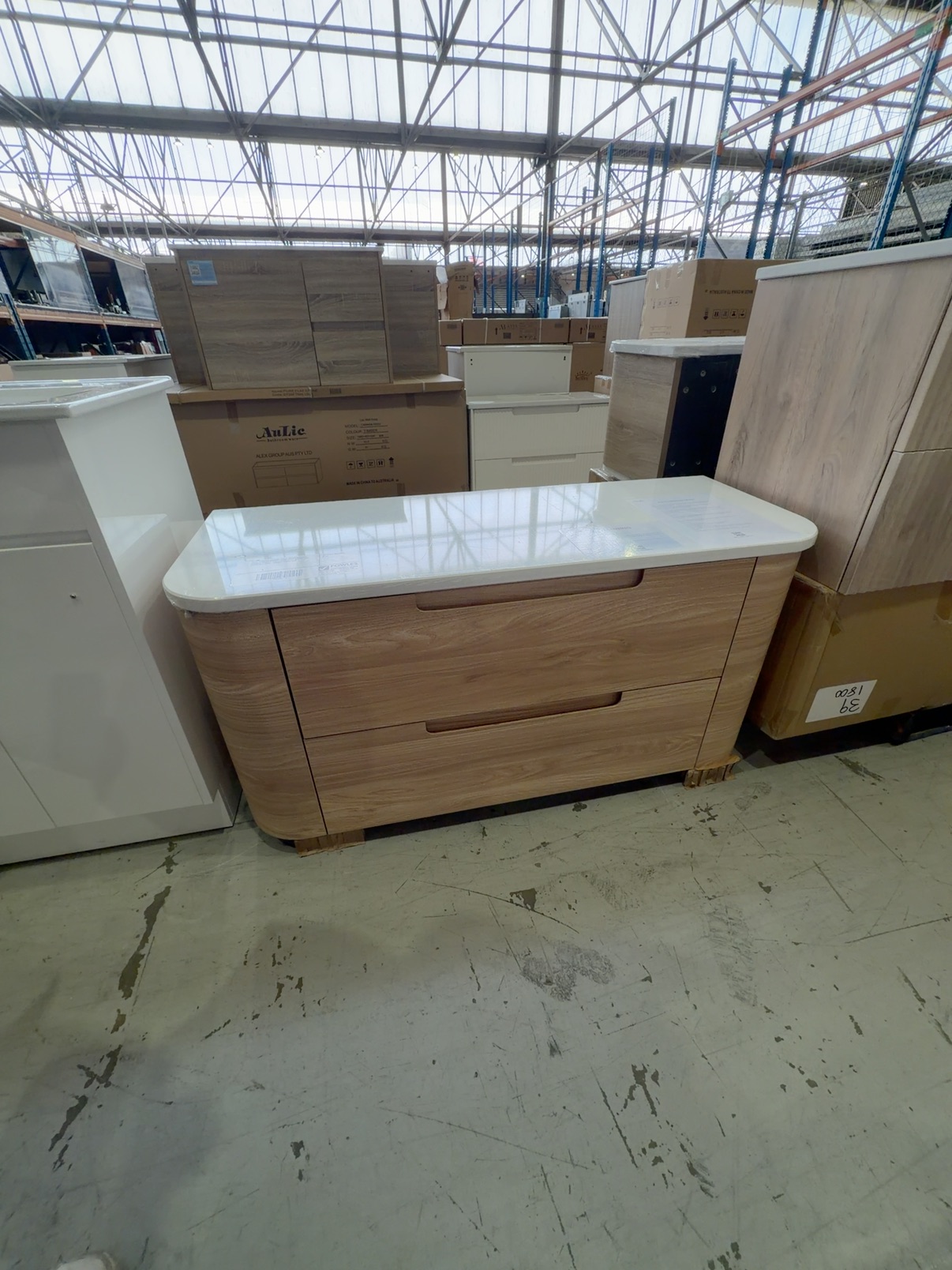 NEW 1200MM BRIONY WALL HUNG CURVED TIMBER VANITY WITH PURE FLAT STONE TOP CAWH48-1200-ST56FT RRP$2779 NEW 1200MM BRIONY WALL HUNG CURVED TIMBER VANITY WITH PURE FLAT STONE TOP CAWH48-1200-ST56FT RRP$2779