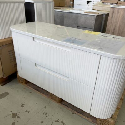 NEW AULIC CURVA 1200MM WALL HUNG VANITY, CURVED MATTE WHITE FLUTED PROFILE, 2 DRAWERS, WITH CATO FLAT STONE TOP RRP$3155 CAWH46-1200-ST26FT NEW AULIC CURVA 1200MM WALL HUNG VANITY, CURVED MATTE WHITE FLUTED PROFILE, 2 DRAWERS, WITH CATO FLAT STONE TOP RRP$3155 CAWH46-1200-ST26FT