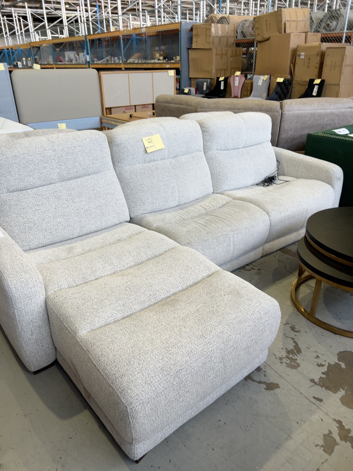 SAMPLE OSSANA 2.5 SEATER SOFA WITH CHAISE, WIT ELECTRIC RECLINER & HEADREST, COOKIE FABRIC, SOLD AS IS SAMPLE OSSANA 2.5 SEATER SOFA WITH CHAISE, WIT ELECTRIC RECLINER & HEADREST, COOKIE FABRIC, SOLD AS IS