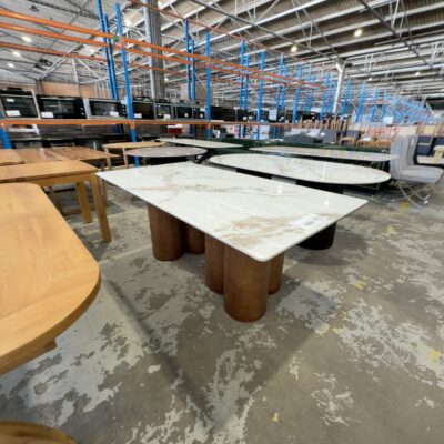 EX DISPLAY SCALA 2000MM STONE DINING TABLE, WITH CYCLINDER WALNUT LEGS, SOLD AS IS