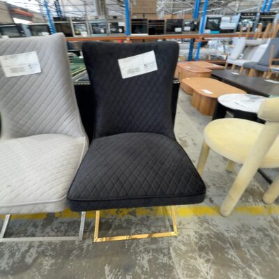 EX DISPLAY SHERMAN BLACK VELVET DINING CHAIR WITH GOLD BASE, BUTTON UPHOLSTERED BACK EX DISPLAY SHERMAN BLACK VELVET DINING CHAIR WITH GOLD BASE, BUTTON UPHOLSTERED BACK