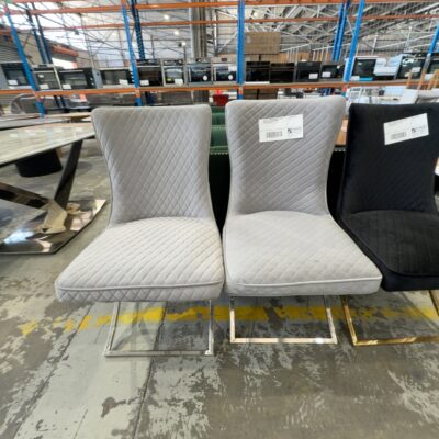EX DISPLAY SHERMAN GREY VELVET DINING CHAIR WITH GOLD BASE, BUTTON UPHOLSTERED BACK