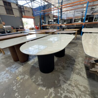 EX DISPLAY LISBON 2000MM OVAL STONE DINING TABLE, WITH CYCLINDER FLUTED TIMBER LEGS, SOLD AS IS