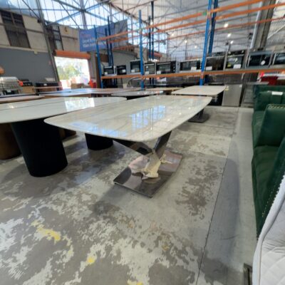 EX DISPLAY COVENTRY 2000MM STONE DINING TABLE WITH CROSS LEG DARK CHROME BASE, SOLD AS IS EX DISPLAY COVENTRY 2000MM STONE DINING TABLE WITH CROSS LEG DARK CHROME BASE, SOLD AS IS