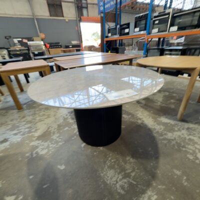 EX DISPLAY 1300MM ROUND STONE DINING TABLE ON FLUTED TIMBER CENTRAL PEDESTAL SOLD AS IS EX DISPLAY 1300MM ROUND STONE DINING TABLE ON FLUTED TIMBER CENTRAL PEDESTAL SOLD AS IS