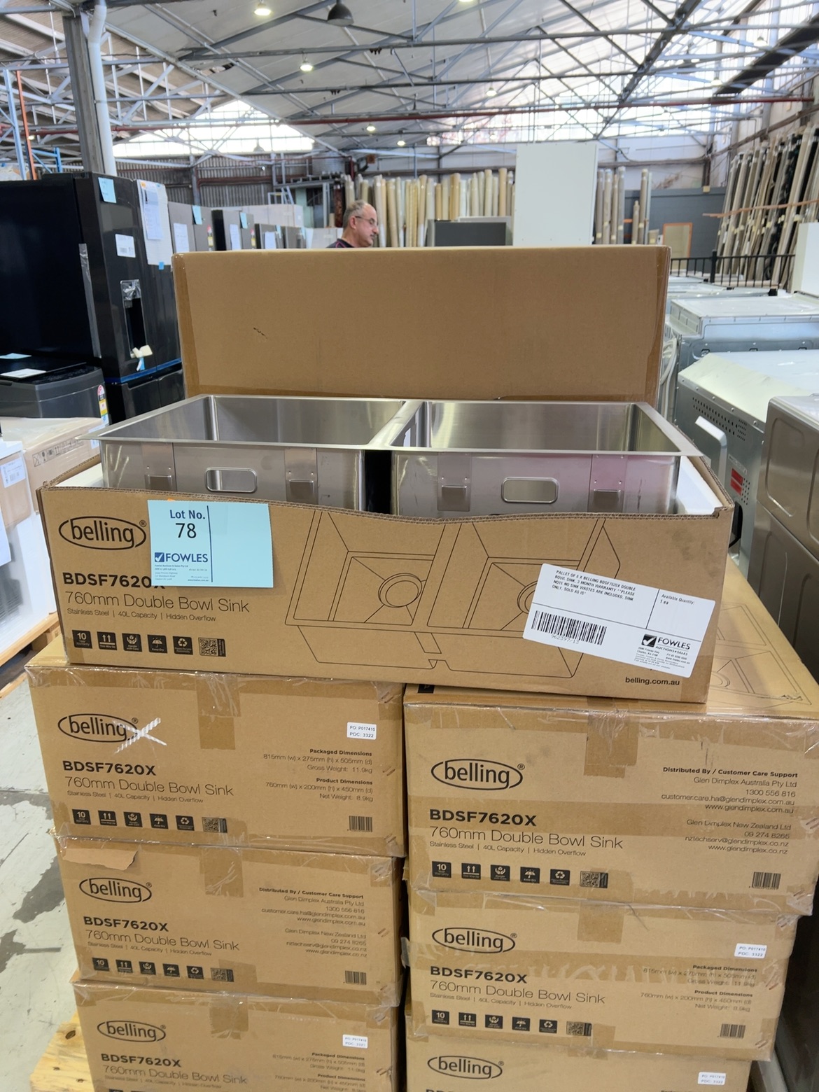 PALLET OF 8 X BELLING BDSF7620X DOUBLE BOWL SINK, 3 MONTH WARRANTY **PLEASE NOTE NO SINK WASTES ARE INCLUDED, SINK ONLY, SOLD AS IS* PALLET OF 8 X BELLING BDSF7620X DOUBLE BOWL SINK, 3 MONTH WARRANTY **PLEASE NOTE NO SINK WASTES ARE INCLUDED, SINK ONLY, SOLD AS IS*