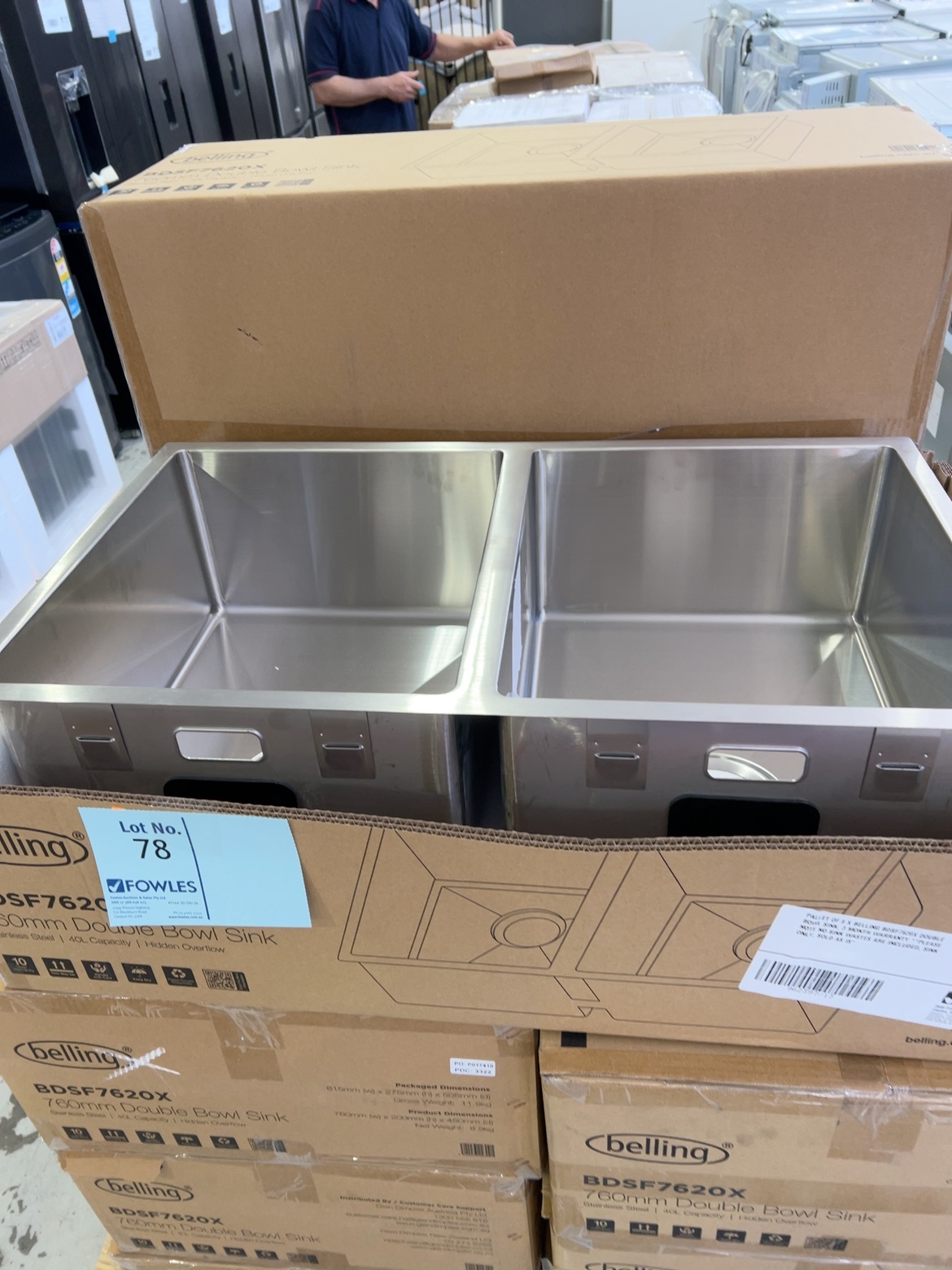 PALLET OF 8 X BELLING BDSF7620X DOUBLE BOWL SINK, 3 MONTH WARRANTY **PLEASE NOTE NO SINK WASTES ARE INCLUDED, SINK ONLY, SOLD AS IS* PALLET OF 8 X BELLING BDSF7620X DOUBLE BOWL SINK, 3 MONTH WARRANTY **PLEASE NOTE NO SINK WASTES ARE INCLUDED, SINK ONLY, SOLD AS IS*