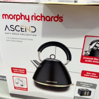 DAMAGED BOX STOCK - MORPHY RICHARDS ASCEND KETTLE, BLACK & SOFT GOLD, MRSGK15B, 3 MONTH WARRANTY RRP$129.00 DAMAGED BOX STOCK - MORPHY RICHARDS ASCEND KETTLE, BLACK & SOFT GOLD, MRSGK15B, 3 MONTH WARRANTY RRP$129.00
