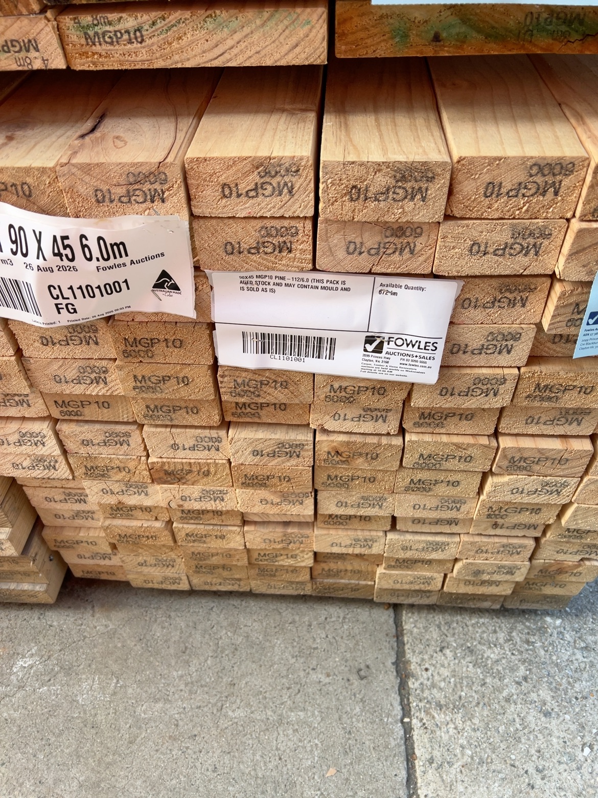 90X45 MGP10 PINE-112/6.0 (THIS PACK IS AGED STOCK AND MAY CONTAIN MOULD AND IS SOLD AS IS) 90X45 MGP10 PINE-112/6.0 (THIS PACK IS AGED STOCK AND MAY CONTAIN MOULD AND IS SOLD AS IS)