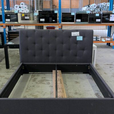 NEW MEMPHIS SCROLLED KING SIZE BEDFRAME, WITH SCROLLED BUTTON UPHOLSTERED HIGH BEDHEAD, SLATE FABRIC, WITH STANDARD BASE