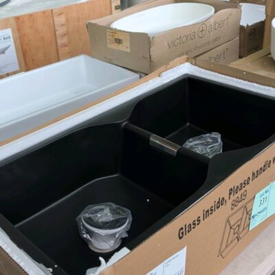 NEW MATTE BLACK DOUBLE BOWL SINK, 880MM X 490MM, NO WASTES, 44-GS8849B SOLD AS IS NEW MATTE BLACK DOUBLE BOWL SINK, 880MM X 490MM, NO WASTES, 44-GS8849B SOLD AS IS