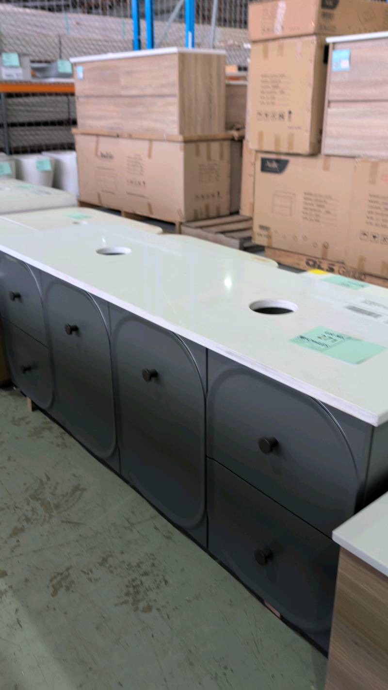 EX SHOWROOM DISPLAY - PORT 10 WALL HUNG 1500MM VANITY WITH CURVED PROFILE DOORS, MERCURIO GREY FINISH, WITH STONE TOP RRP$3528 EX SHOWROOM DISPLAY - PORT 10 WALL HUNG 1500MM VANITY WITH CURVED PROFILE DOORS, MERCURIO GREY FINISH, WITH STONE TOP RRP$3528
