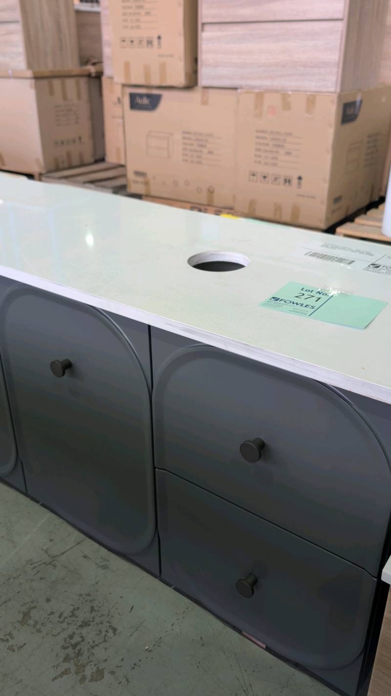 EX SHOWROOM DISPLAY - PORT 10 WALL HUNG 1500MM VANITY WITH CURVED PROFILE DOORS, MERCURIO GREY FINISH, WITH STONE TOP RRP$3528 EX SHOWROOM DISPLAY - PORT 10 WALL HUNG 1500MM VANITY WITH CURVED PROFILE DOORS, MERCURIO GREY FINISH, WITH STONE TOP RRP$3528