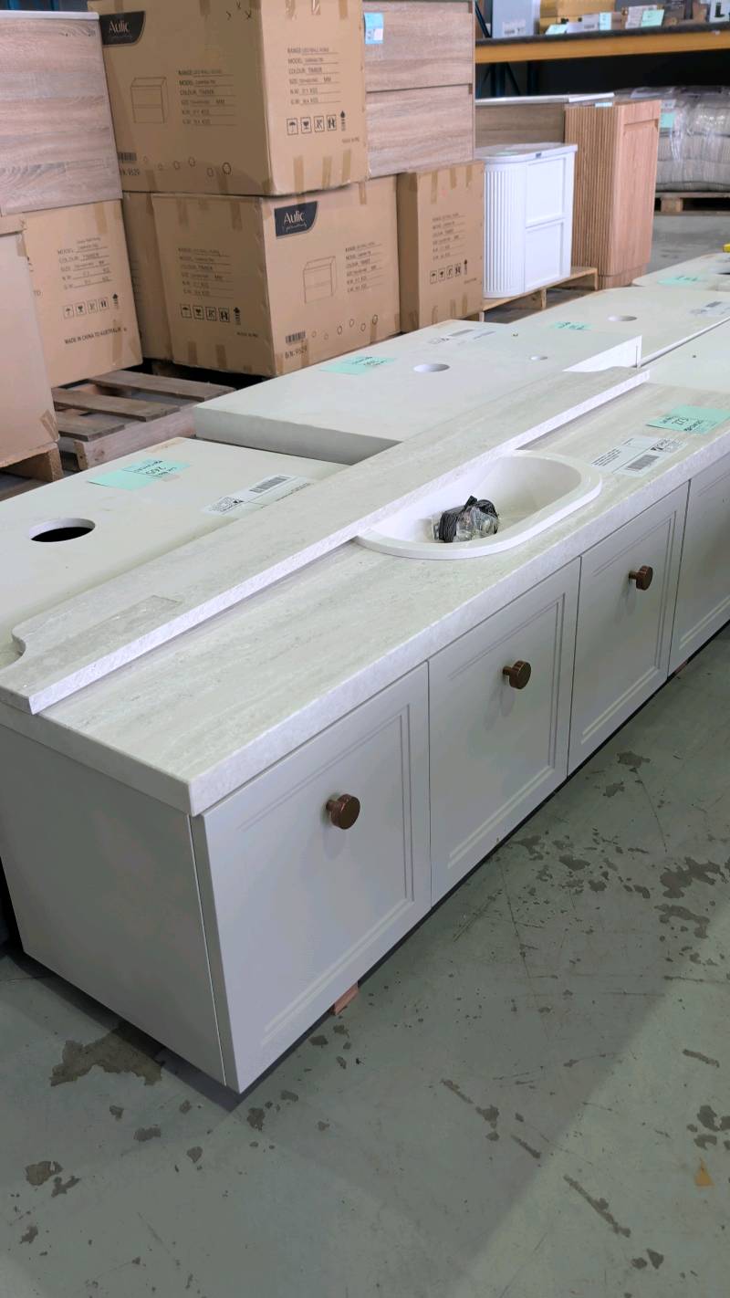 EX SHOWROOM DISPLAY - MABEL SINGLE BOWL 1500MM WALL HUNG VANITY WITH MARBLE TOP AND SPLASHBACK, MATTE SHAKER PROFILE RRP$3399 EX SHOWROOM DISPLAY - MABEL SINGLE BOWL 1500MM WALL HUNG VANITY WITH MARBLE TOP AND SPLASHBACK, MATTE SHAKER PROFILE RRP$3399