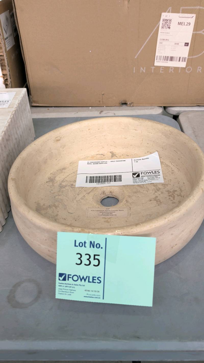 EX SHOWROOM DISPLAY - ARLO TRAVERTINE BOWL 400MM RRP$1499 EX SHOWROOM DISPLAY - ARLO TRAVERTINE BOWL 400MM RRP$1499