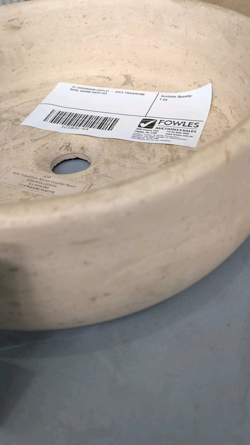 EX SHOWROOM DISPLAY - ARLO TRAVERTINE BOWL 400MM RRP$1499 EX SHOWROOM DISPLAY - ARLO TRAVERTINE BOWL 400MM RRP$1499
