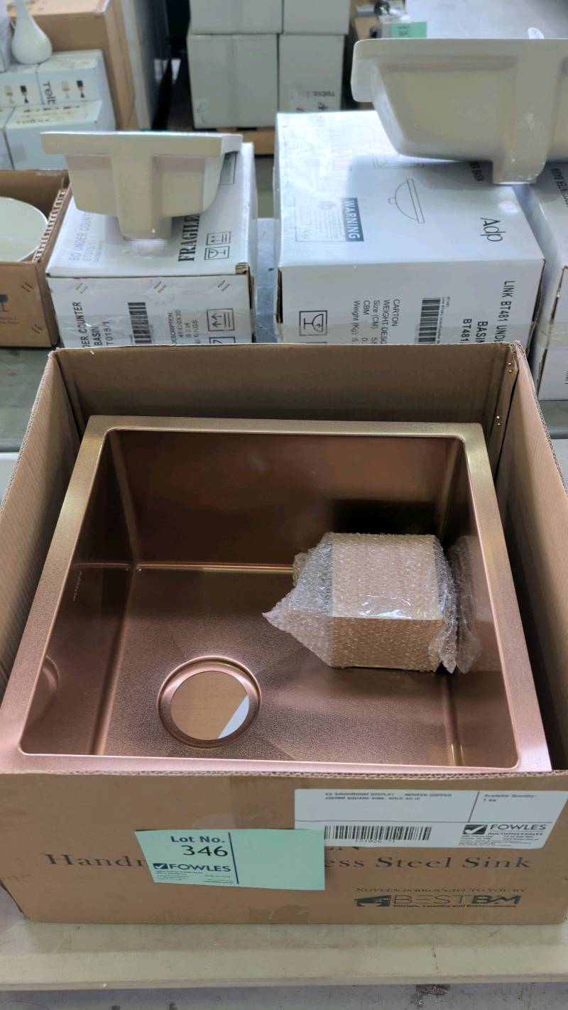 EX SHOWROOM DISPLAY - NOVEEN COPPER 450MM SQUARE SINK, SOLD AS IS EX SHOWROOM DISPLAY - NOVEEN COPPER 450MM SQUARE SINK, SOLD AS IS