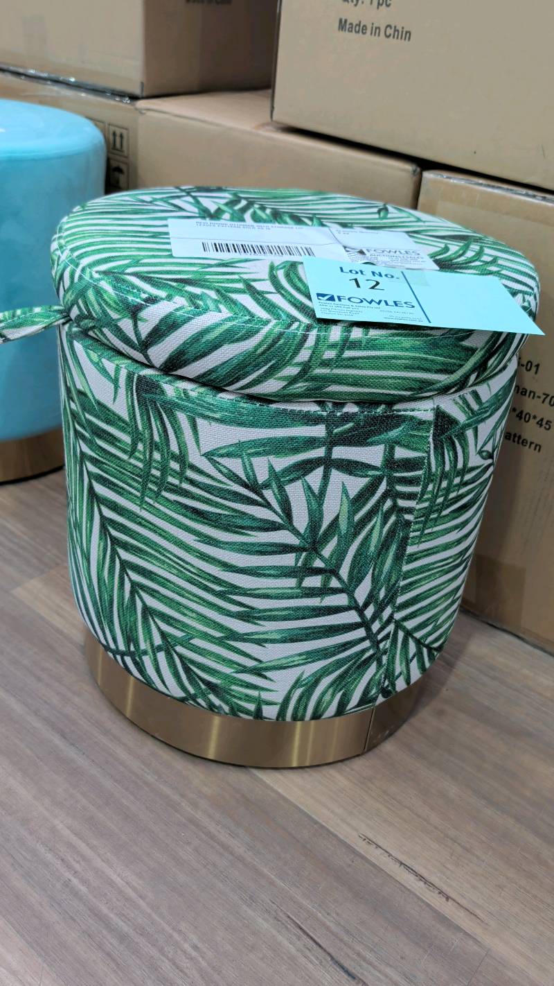 NEW ROUND OTTOMAN WITH STORAGE LID - LEAVES PATTERN SOLD AS IS NEW ROUND OTTOMAN WITH STORAGE LID - LEAVES PATTERN SOLD AS IS