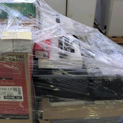 PALLET OF ASSORTED ITEMS INCLUDING RENNAI INSTANT HOT WATER SYSTEM, SINKS AND BATHROOM PRODUCTS, RANGEHOOD FLUE KITS, ETC