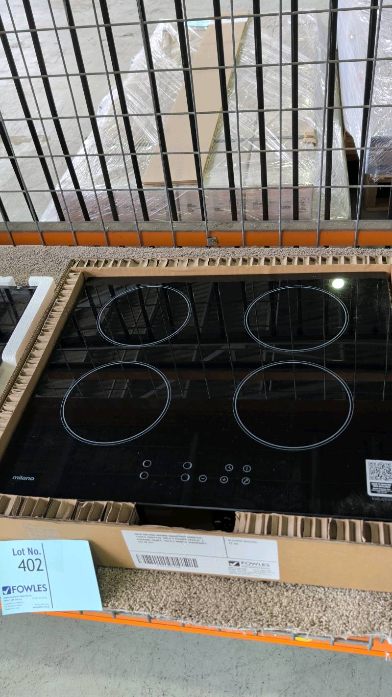 NEW MILANO 600MM INDUCTION COOKTOP, TOUCH CONTROL WITH 9 POWER LEVELS, 4 COOKING ZONES, WITH 3 MONTH WARRANTY 539.40.521 NEW MILANO 600MM INDUCTION COOKTOP, TOUCH CONTROL WITH 9 POWER LEVELS, 4 COOKING ZONES, WITH 3 MONTH WARRANTY 539.40.521