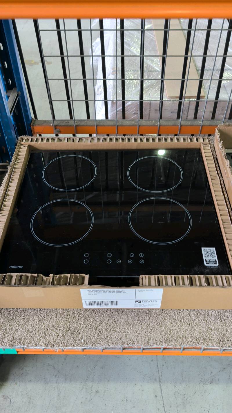 NEW MILANO 600MM INDUCTION COOKTOP, TOUCH CONTROL WITH 9 POWER LEVELS, 4 COOKING ZONES, WITH 3 MONTH WARRANTY 539.40.521 NEW MILANO 600MM INDUCTION COOKTOP, TOUCH CONTROL WITH 9 POWER LEVELS, 4 COOKING ZONES, WITH 3 MONTH WARRANTY 539.40.521